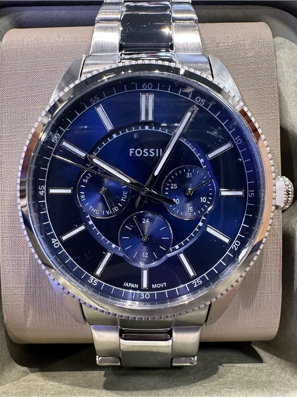 Fossil Men's Stainless Steel Blue Dial Chronograph with Silver Bracelet